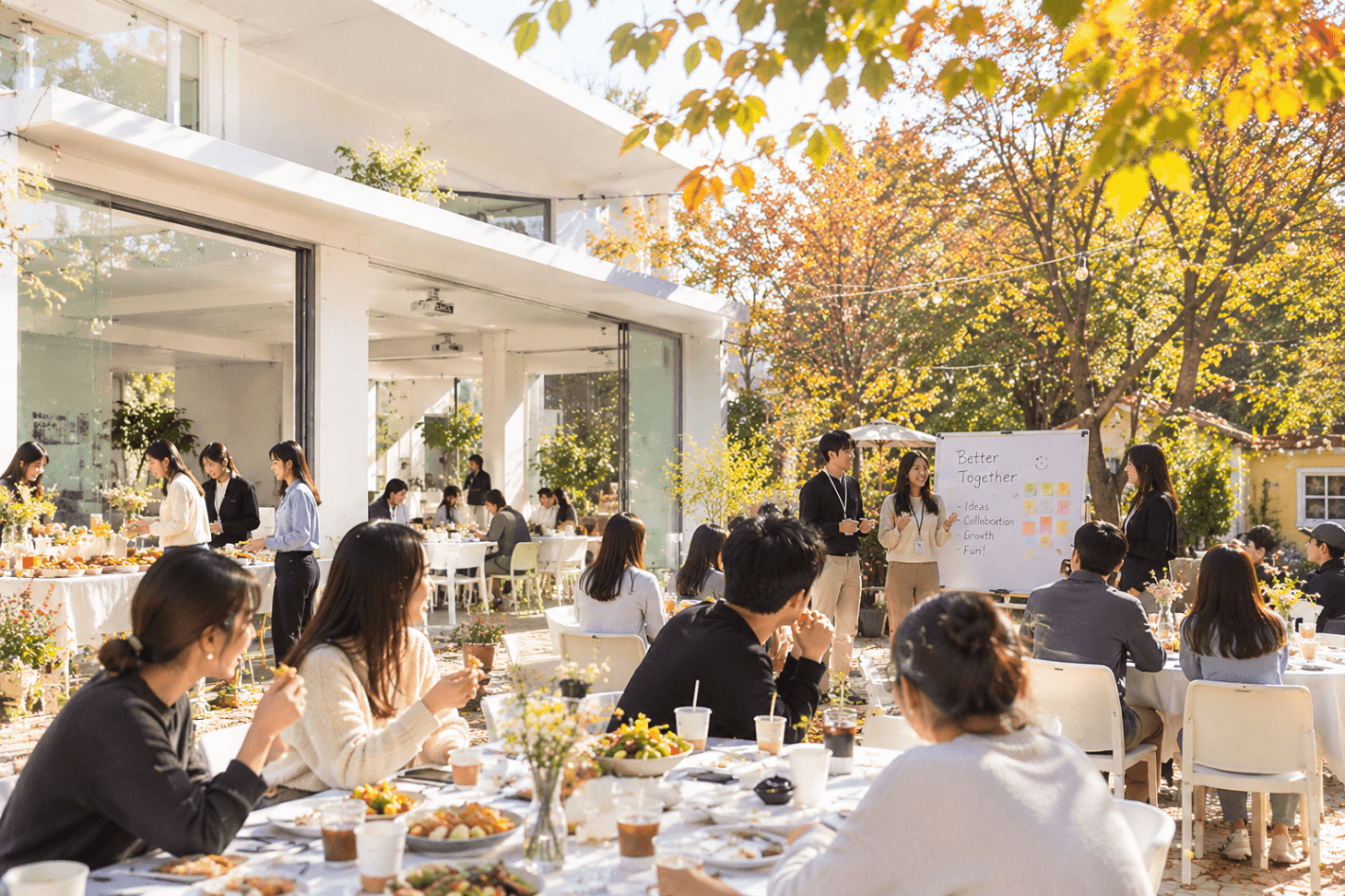 2026년 연말 서울 워크숍 장소 추천, 단풍이 물든 야외 테라스와 현대적인 화이트 건물에서 팀원들이 함께 식사하며 아이디어를 나누는 기업 워크숍 현장