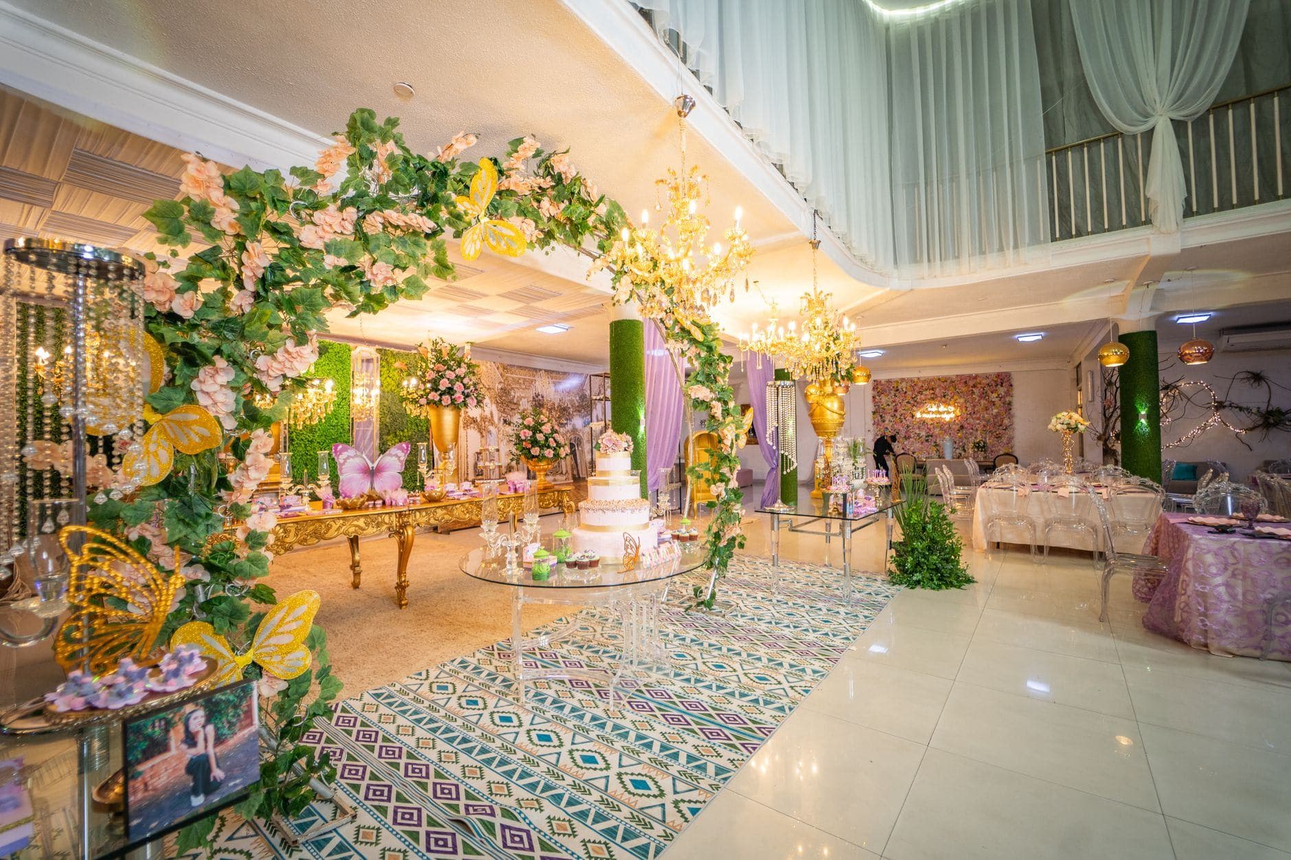 Beautifully decorated venue for a quinceañera with floral arrangements and an ornate cake display.
